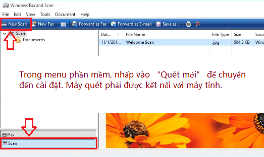 Trong menu phần mềm, nhấp vào “Quét mới” để chuyển đến cài đặt. Máy quét phải được kết nối với máy tính.
