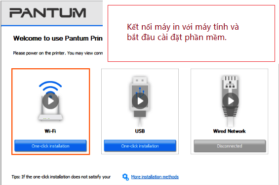 Kết nối máy in với máy tính và bắt đầu cài đặt phần mềm.