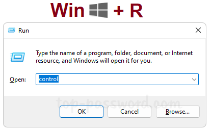 Nhấn Win + R. Gõ control rồi nhấn Enter