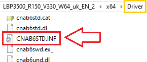 Mở thư mục vừa giải nén và kiểm tra xem có file: ...\x64\Driver\CNAB6STD.INF